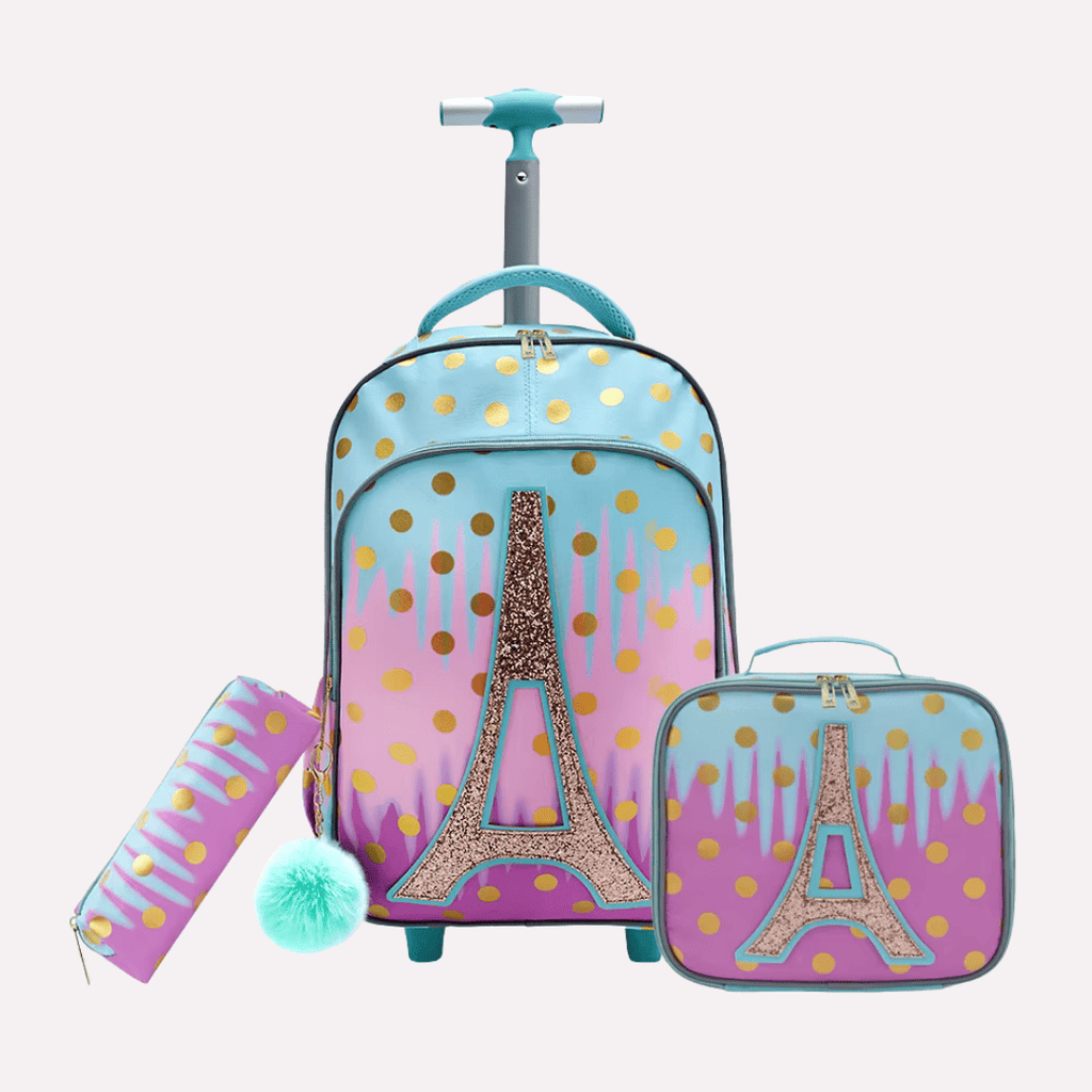 Sac à dos à roulettes Fille - 3 Pièces (Cartable, Trousse, Lunch Bag) - Tour Eiffel