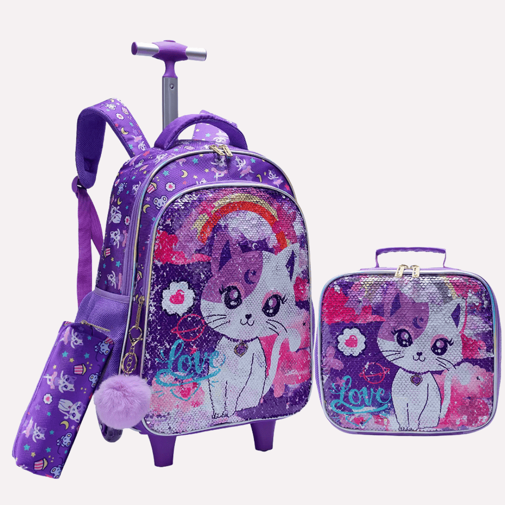 Pack Scolaire 3 Pièces : Cartable à Roulettes, Sac à Déjeuner et Trousse - Motif Chat à Paillettes