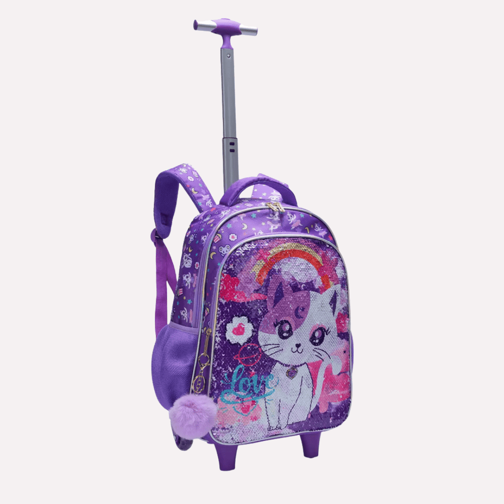 Pack Scolaire 3 Pièces : Cartable à Roulettes, Sac à Déjeuner et Trousse - Motif Chat à Paillettes