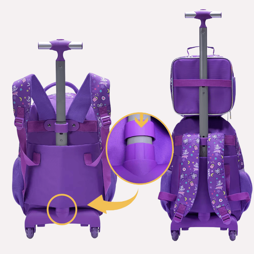 Pack Scolaire 3 Pièces : Cartable à Roulettes, Sac à Déjeuner et Trousse - Motif Chat à Paillettes