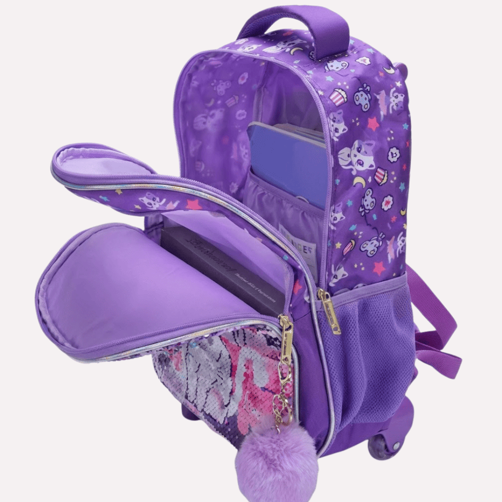 Pack Scolaire 3 Pièces : Cartable à Roulettes, Sac à Déjeuner et Trousse - Motif Chat à Paillettes