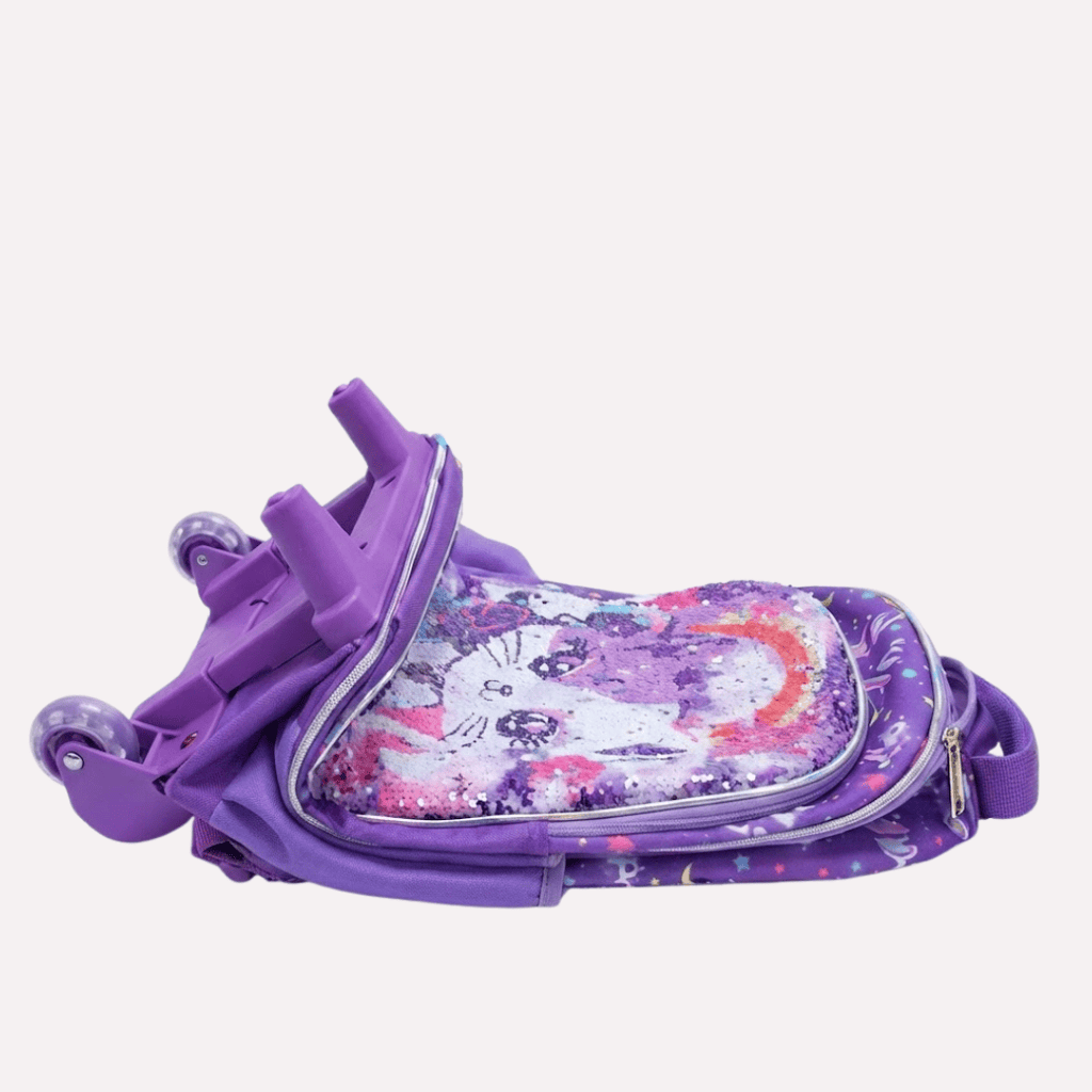 Pack Scolaire 3 Pièces : Cartable à Roulettes, Sac à Déjeuner et Trousse - Motif Chat à Paillettes