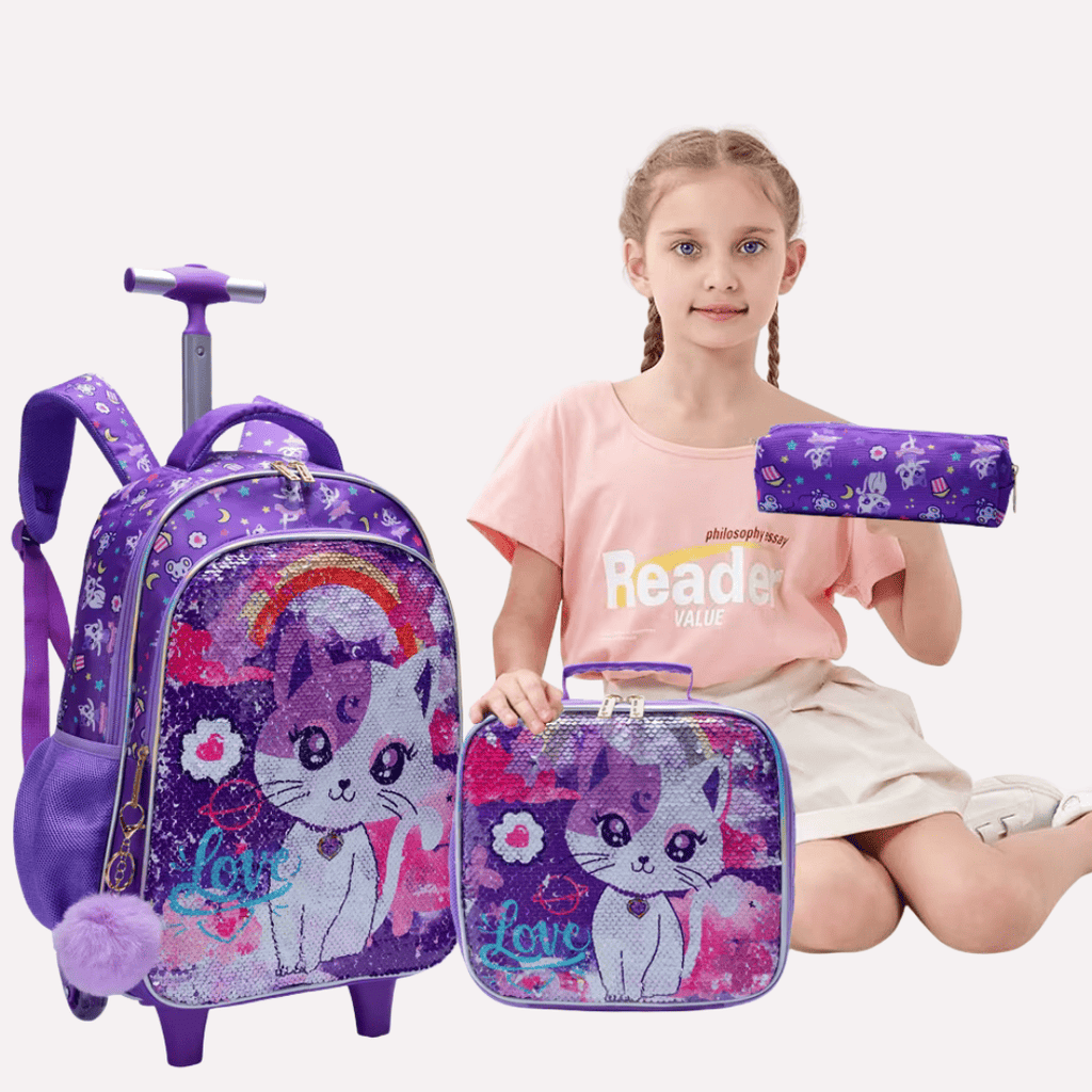 Pack Scolaire 3 Pièces : Cartable à Roulettes, Sac à Déjeuner et Trousse - Motif Chat à Paillettes