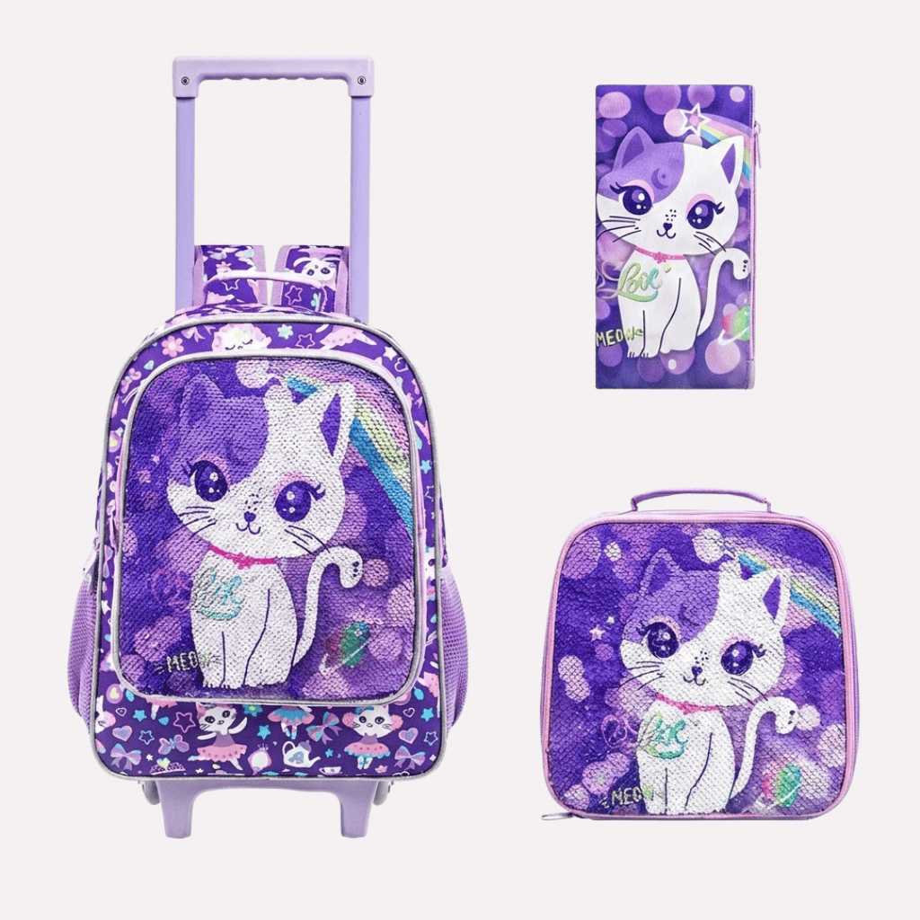 Pack Scolaire 3 Pièces : Cartable à Roulettes, Sac à Déjeuner et Trousse - Motif Chat à Paillettes