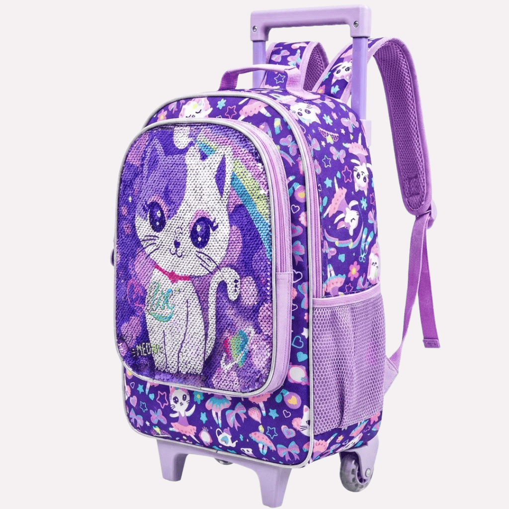 Pack Scolaire 3 Pièces : Cartable à Roulettes, Sac à Déjeuner et Trousse - Motif Chat à Paillettes