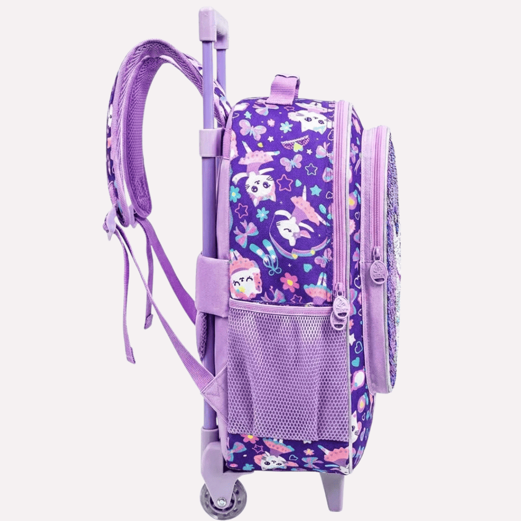 Pack Scolaire 3 Pièces : Cartable à Roulettes, Sac à Déjeuner et Trousse - Motif Chat à Paillettes