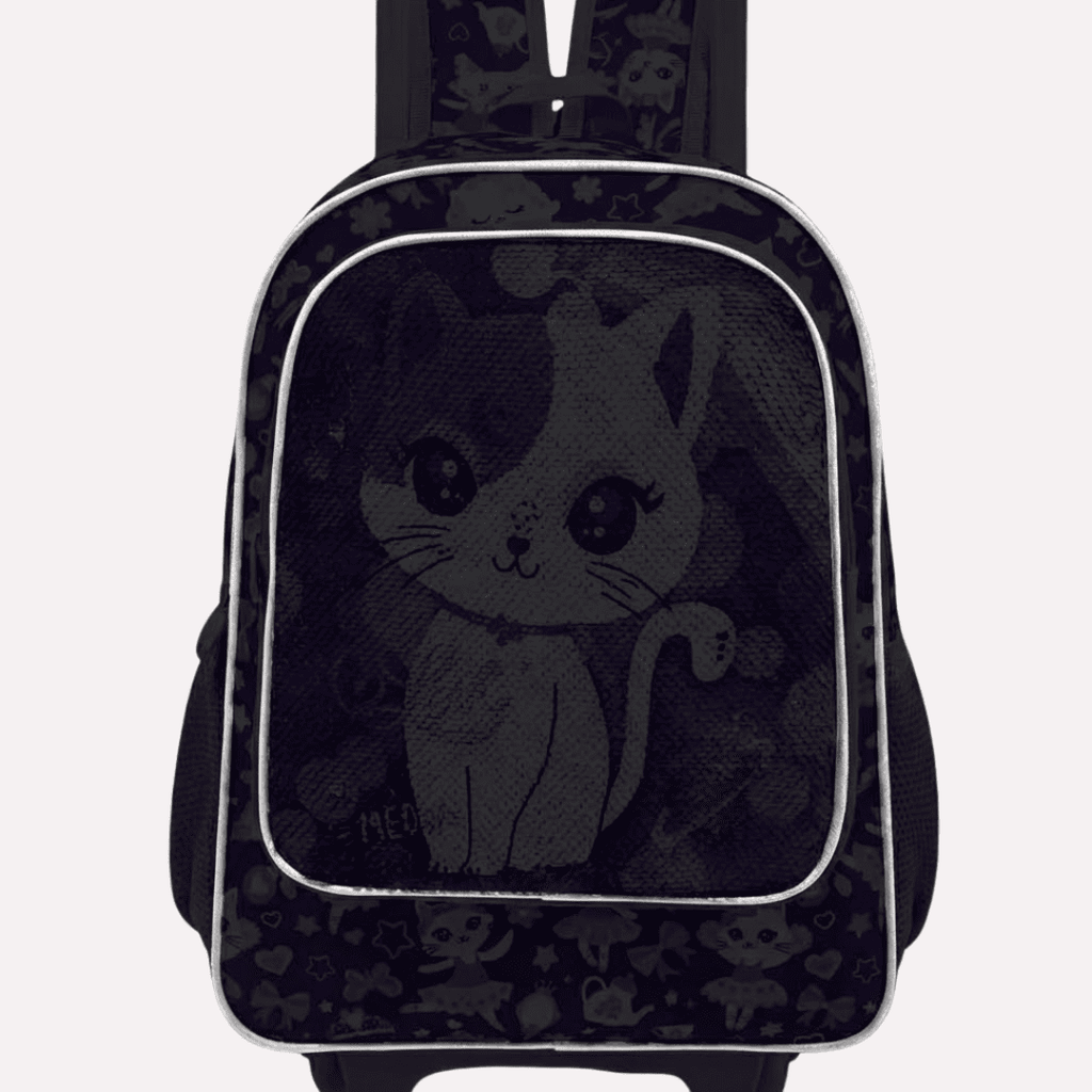 Pack Scolaire 3 Pièces : Cartable à Roulettes, Sac à Déjeuner et Trousse - Motif Chat à Paillettes