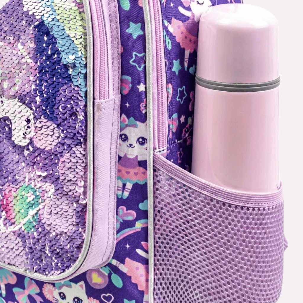 Pack Scolaire 3 Pièces : Cartable à Roulettes, Sac à Déjeuner et Trousse - Motif Chat à Paillettes