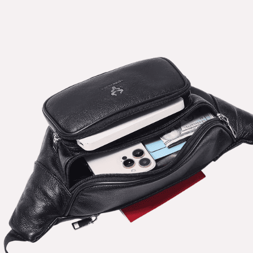 Sac Banane Homme en Cuir Noir Multipoches