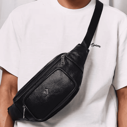 Sac Banane Homme en Cuir Noir Multipoches