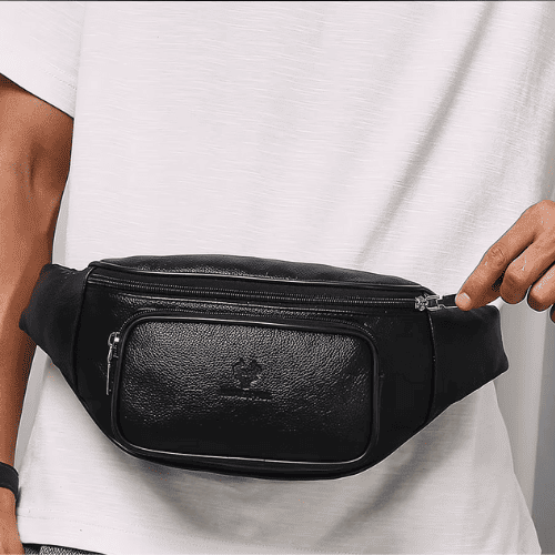 Sac Banane Homme en Cuir Noir Multipoches