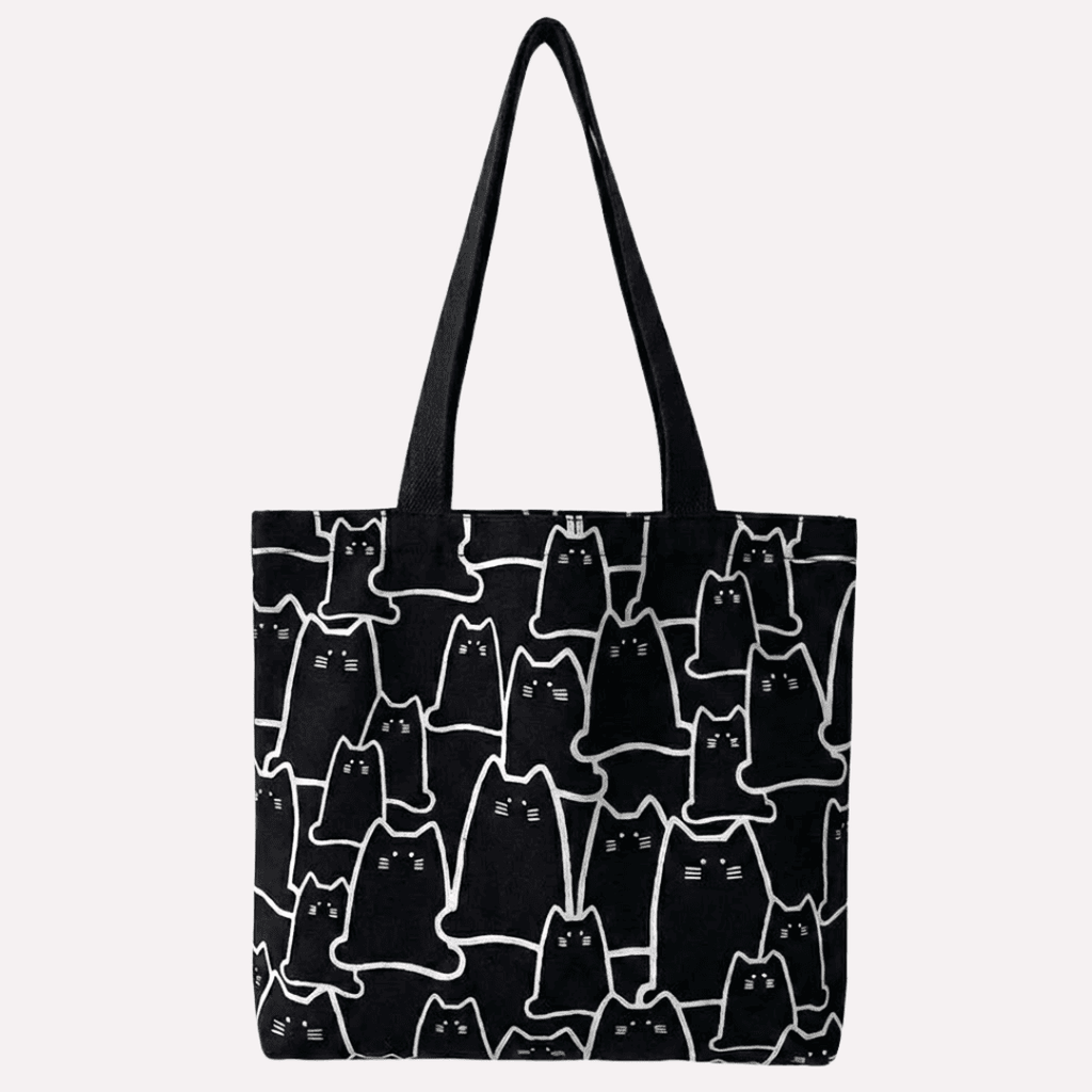 Sac Cabas Femme Noir Imprimé Chats - Toile de Coton.