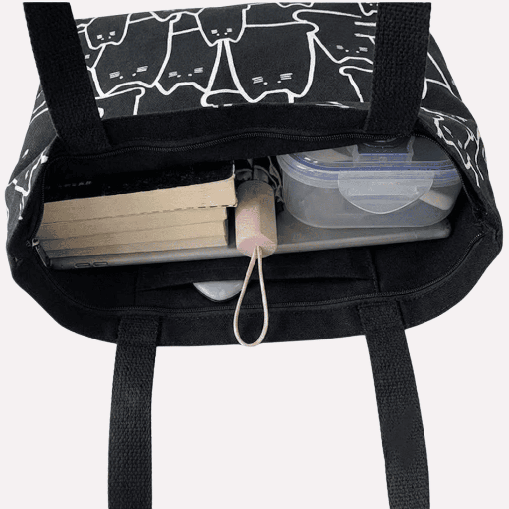 Sac Cabas Femme Noir Imprimé Chats - Toile de Coton.