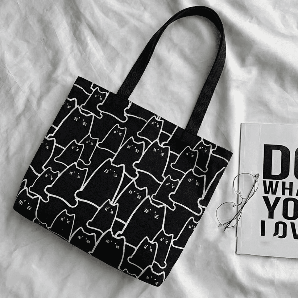 Sac Cabas Femme Noir Imprimé Chats - Toile de Coton.