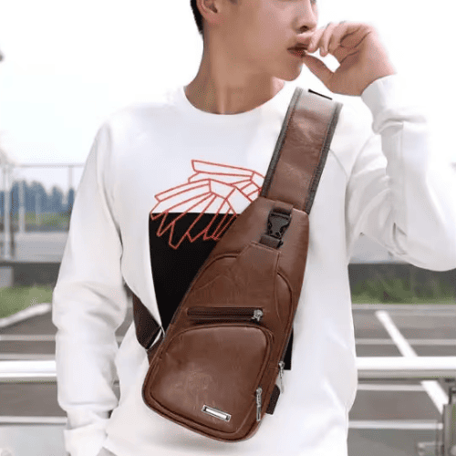 Sacoche homme "Sling" Vintage en Cuir Microfibre avec Port USB