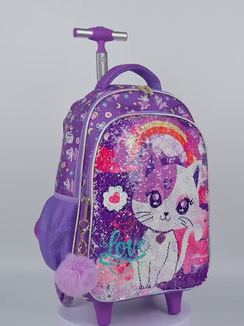 Pack Scolaire 3 Pièces : Cartable à Roulettes, Sac à Déjeuner et Trousse - Motif Chat à Paillettes