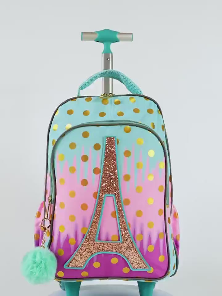 Sac à dos à roulettes Fille - 3 Pièces (Cartable, Trousse, Lunch Bag) - Tour Eiffel